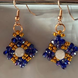 Hand crafted white jade and blue preciosa crystal earrings